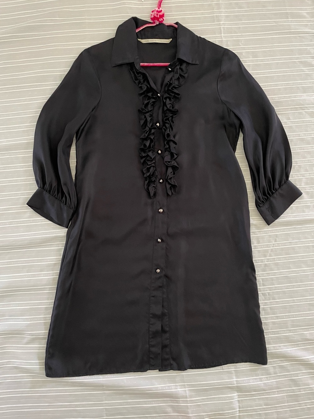 Vtg.Black Silk 3/4 Sleeve Ruffle Button-Front Shirt Dress M Goth